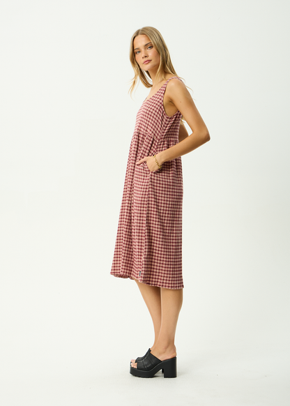 AFENDS Womens Capricorn - Seersucker Midi Dress - Burgundy / Beige Check
