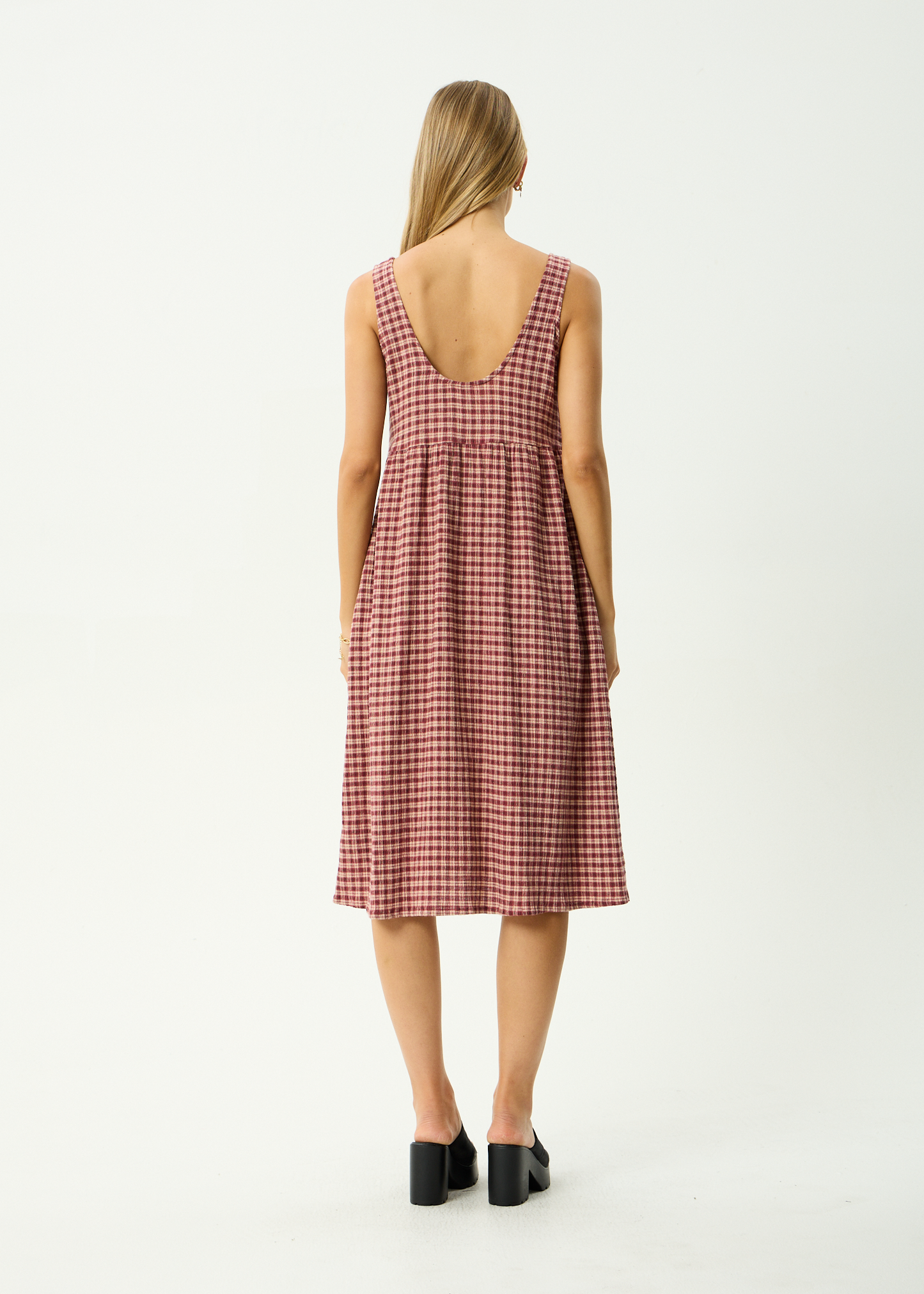 AFENDS Womens Capricorn - Seersucker Midi Dress - Burgundy / Beige Check