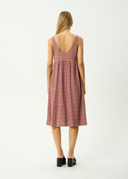 AFENDS Womens Capricorn - Seersucker Midi Dress - Burgundy / Beige Check