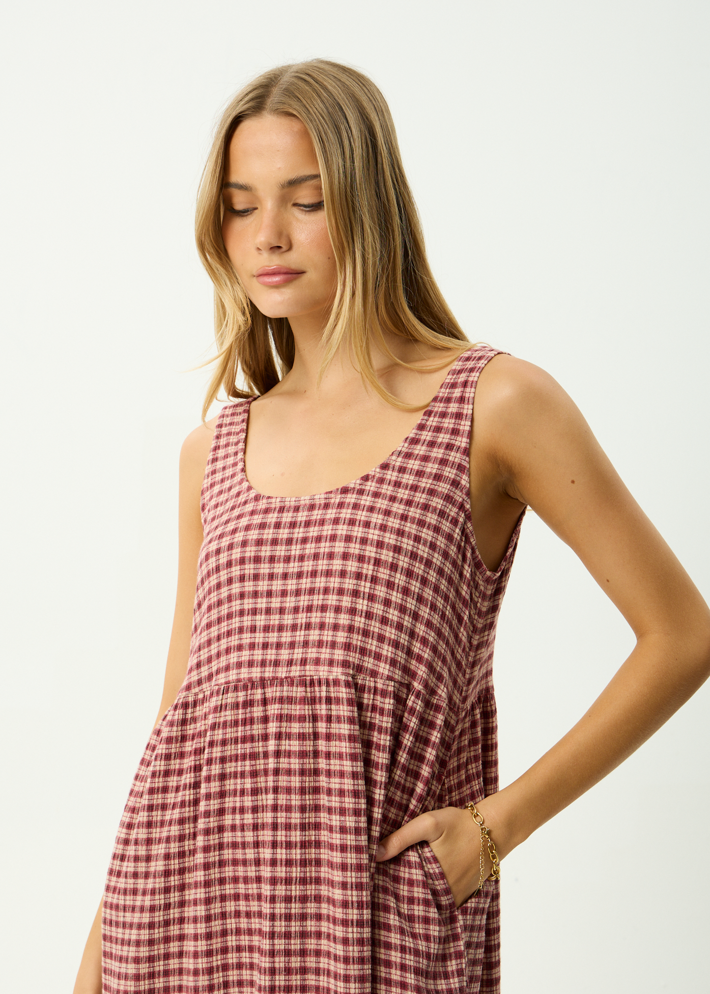 AFENDS Womens Capricorn - Seersucker Midi Dress - Burgundy / Beige Check