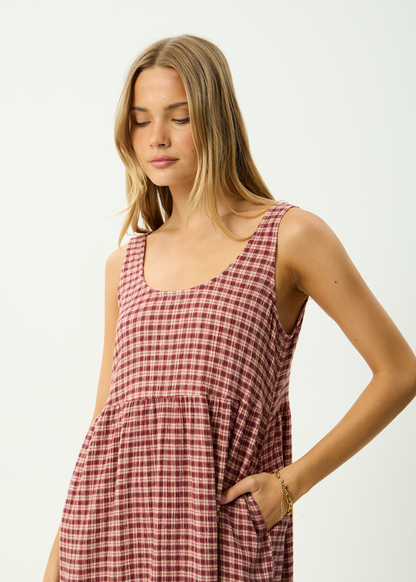 AFENDS Womens Capricorn - Seersucker Midi Dress - Burgundy / Beige Check