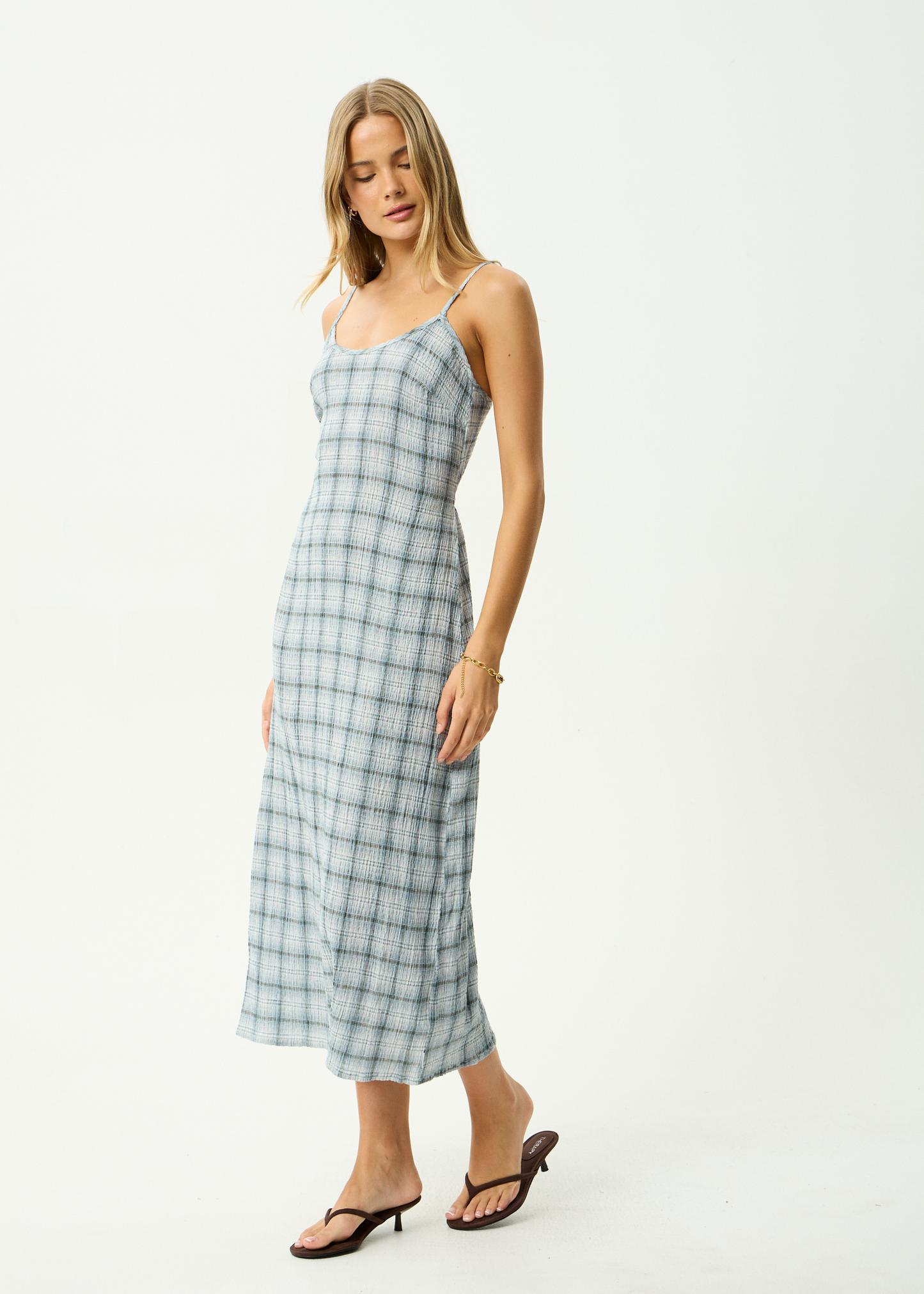 AFENDS Womens Rumi - Seersucker Midi Dress - Overcast Check