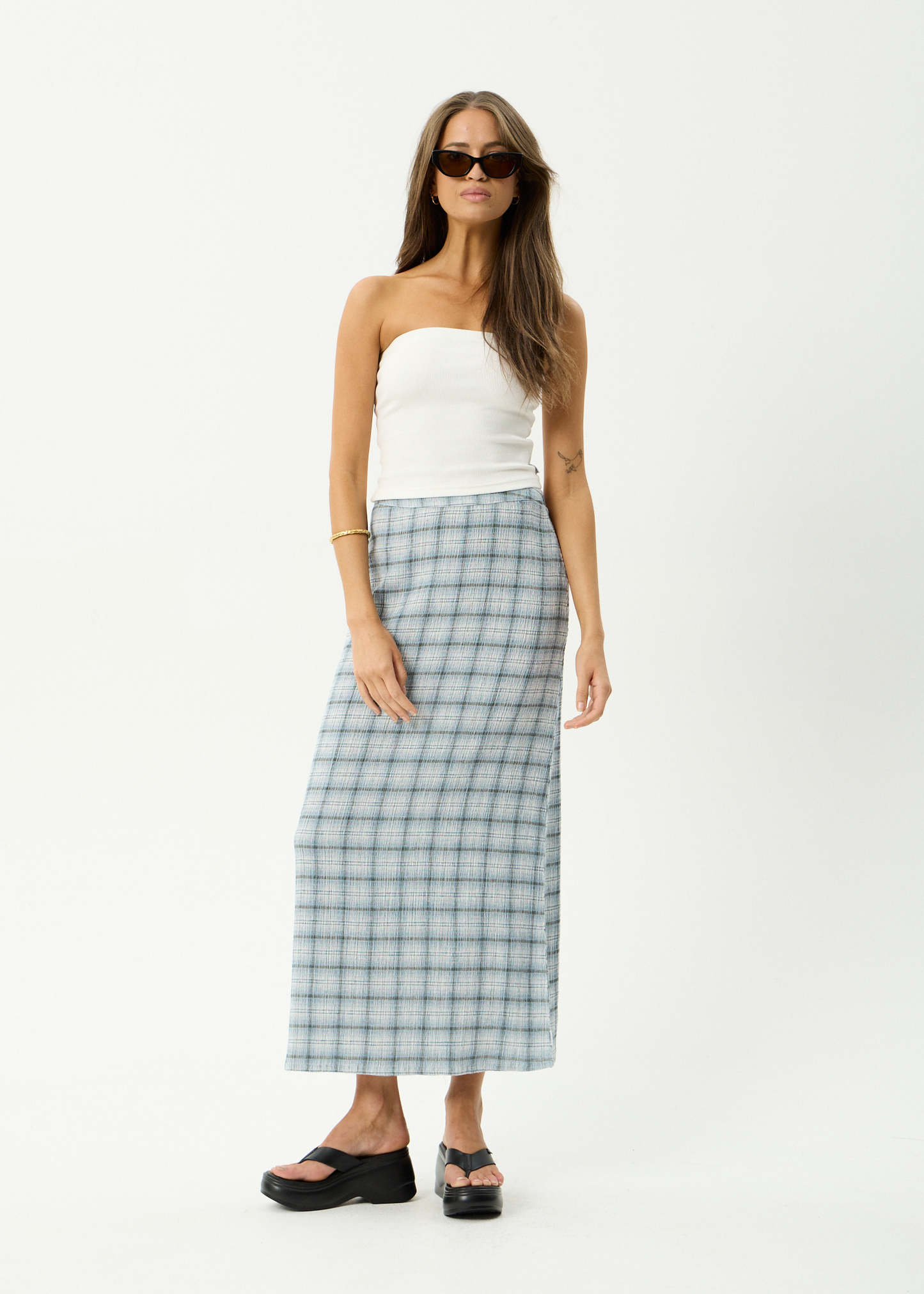 AFENDS Womens Lita - Seersucker Maxi Skirt - Lagoon Overcast Check