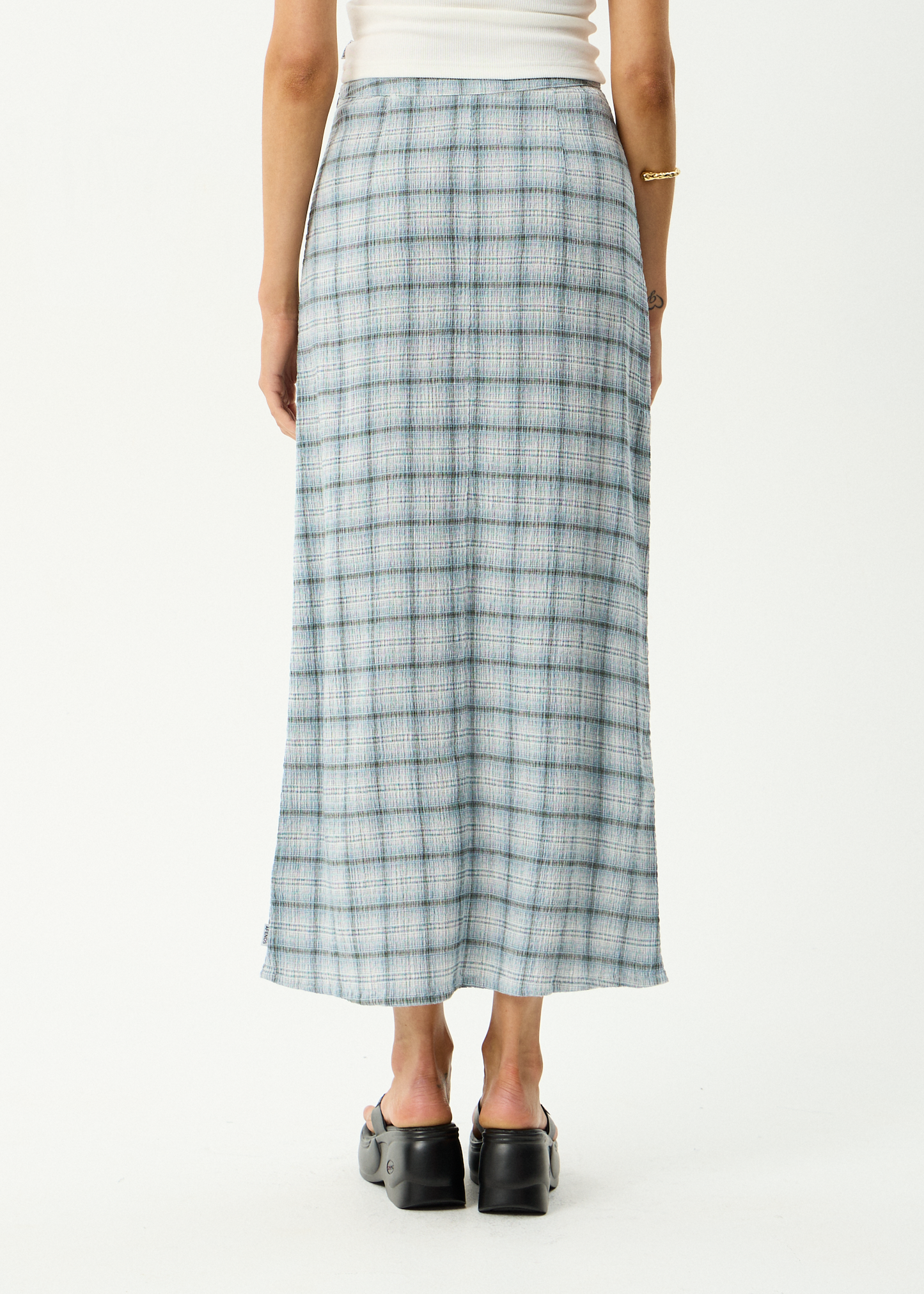 AFENDS Womens Lita - Seersucker Maxi Skirt - Lagoon Overcast Check