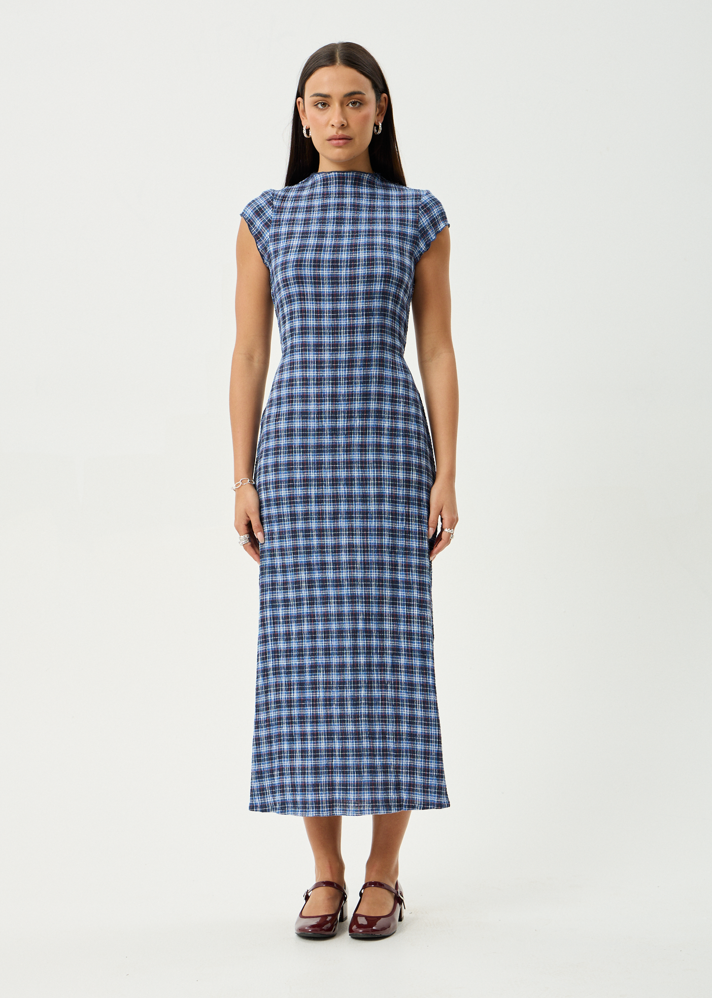 AFENDS Womens Elodie - Seersucker Midi Dress - Mountains Navy Red Check