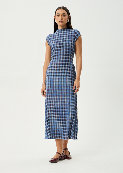 AFENDS Womens Elodie - Seersucker Midi Dress - Mountains Navy Red Check