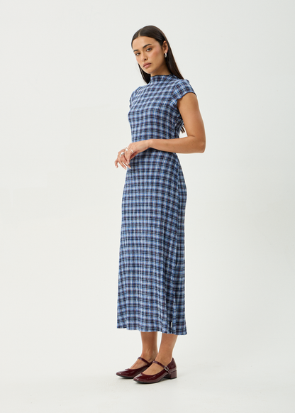 AFENDS Womens Elodie - Seersucker Midi Dress - Mountains Navy Red Check