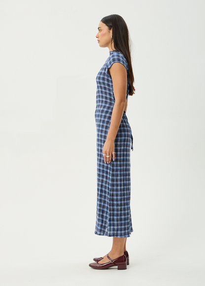 AFENDS Womens Elodie - Seersucker Midi Dress - Mountains Navy Red Check