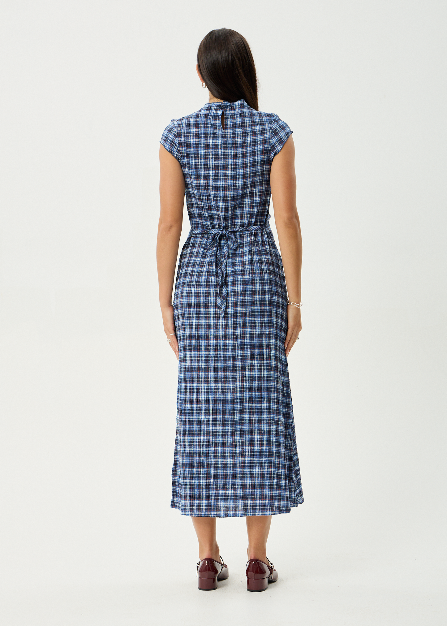 AFENDS Womens Elodie - Seersucker Midi Dress - Mountains Navy Red Check