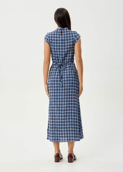 AFENDS Womens Elodie - Seersucker Midi Dress - Mountains Navy Red Check