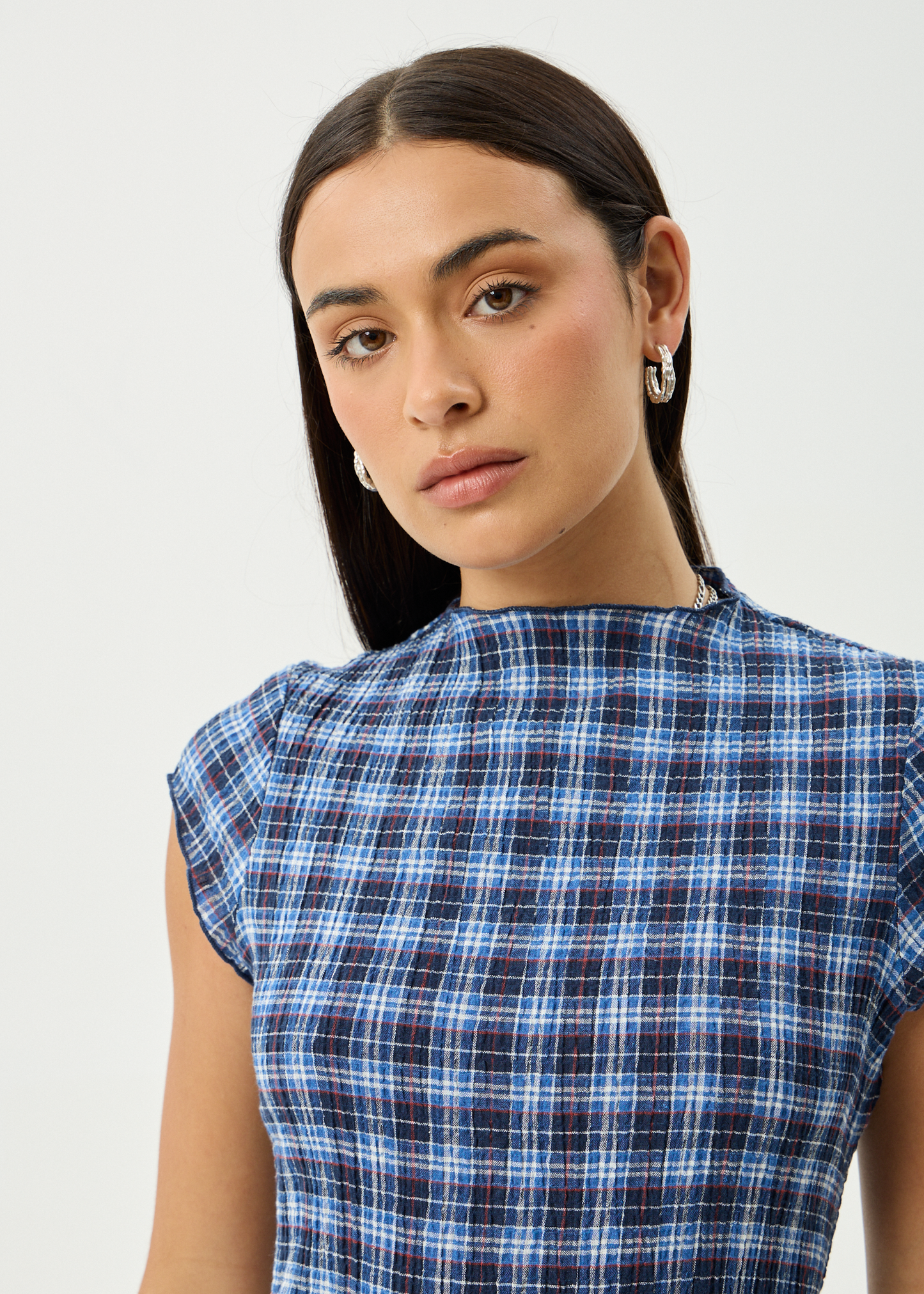 AFENDS Womens Elodie - Seersucker Midi Dress - Mountains Navy Red Check