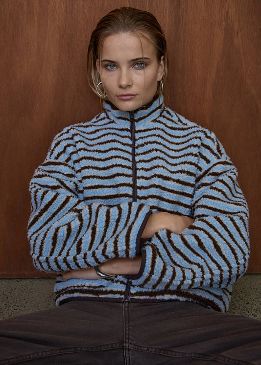 AFENDS Womens Berlin - Reversible Polar Fleece Jacket - Coffee / Blue Stripe