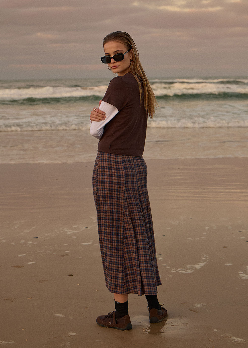 AFENDS Womens Lana - Seersucker Midi Skirt - Shev Indigo Check