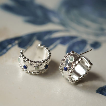 Amulet Stone Hoop Earrings Silver Plate