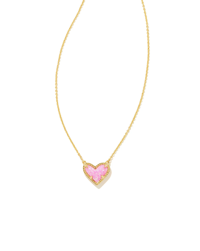 Ari Heart Short Pendant Necklace Gold Bubblegum Pink Opal