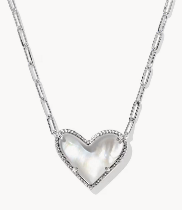Ari Heart Statement Pendant Necklace Silver Ivory MOP