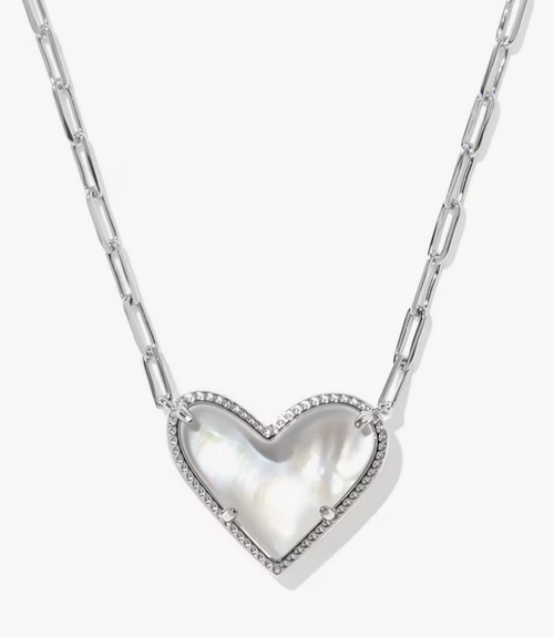 Ari Heart Statement Pendant Necklace Silver Ivory MOP