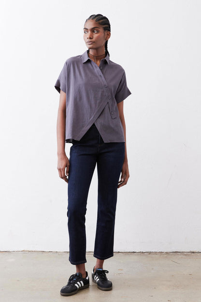 Asymmetric Button Short Sleeve Blouse