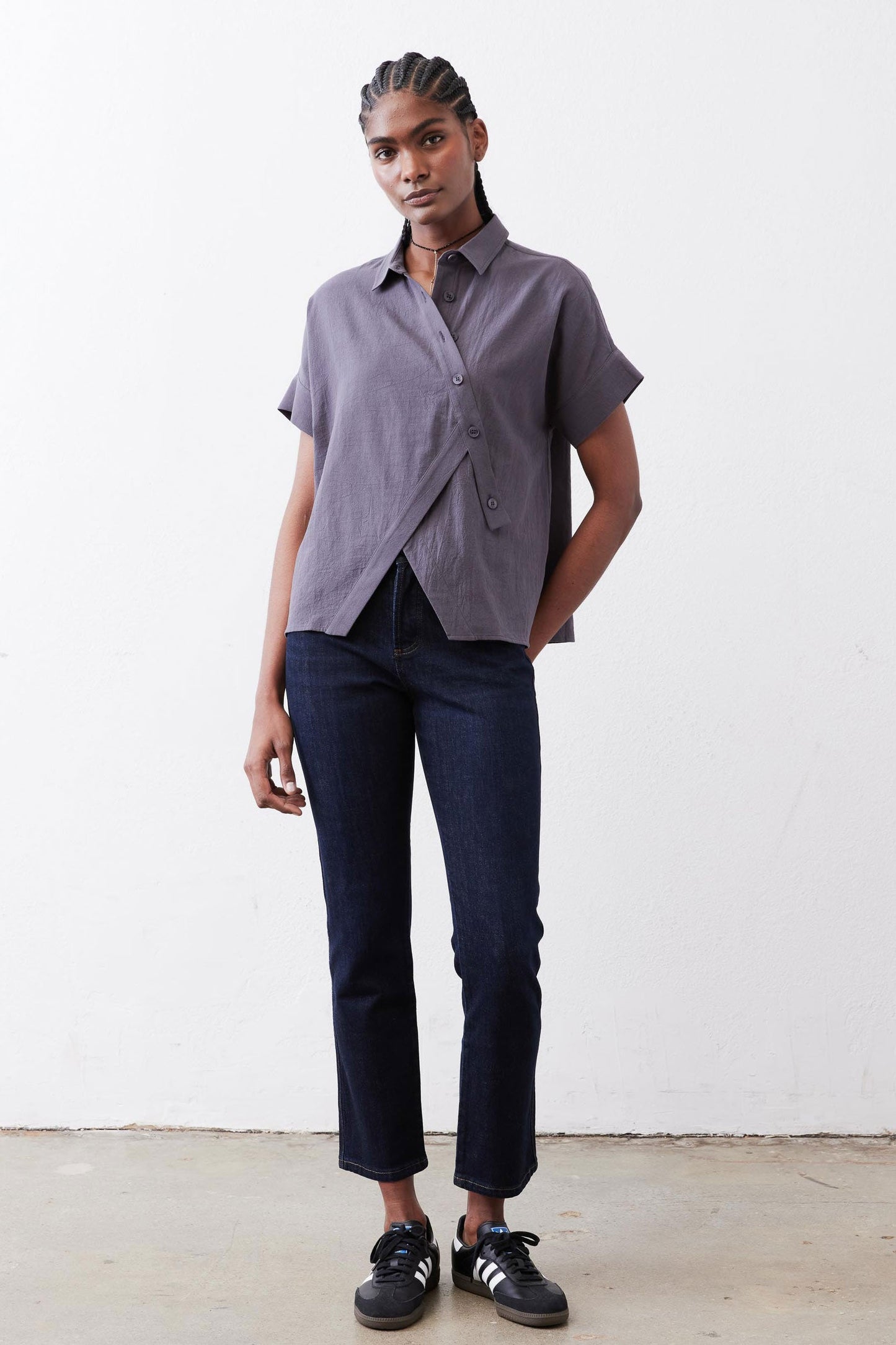 Asymmetric Button Short Sleeve Blouse