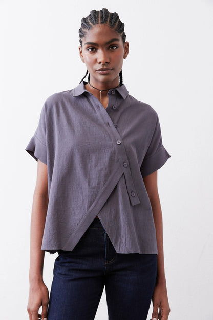 Asymmetric Button Short Sleeve Blouse
