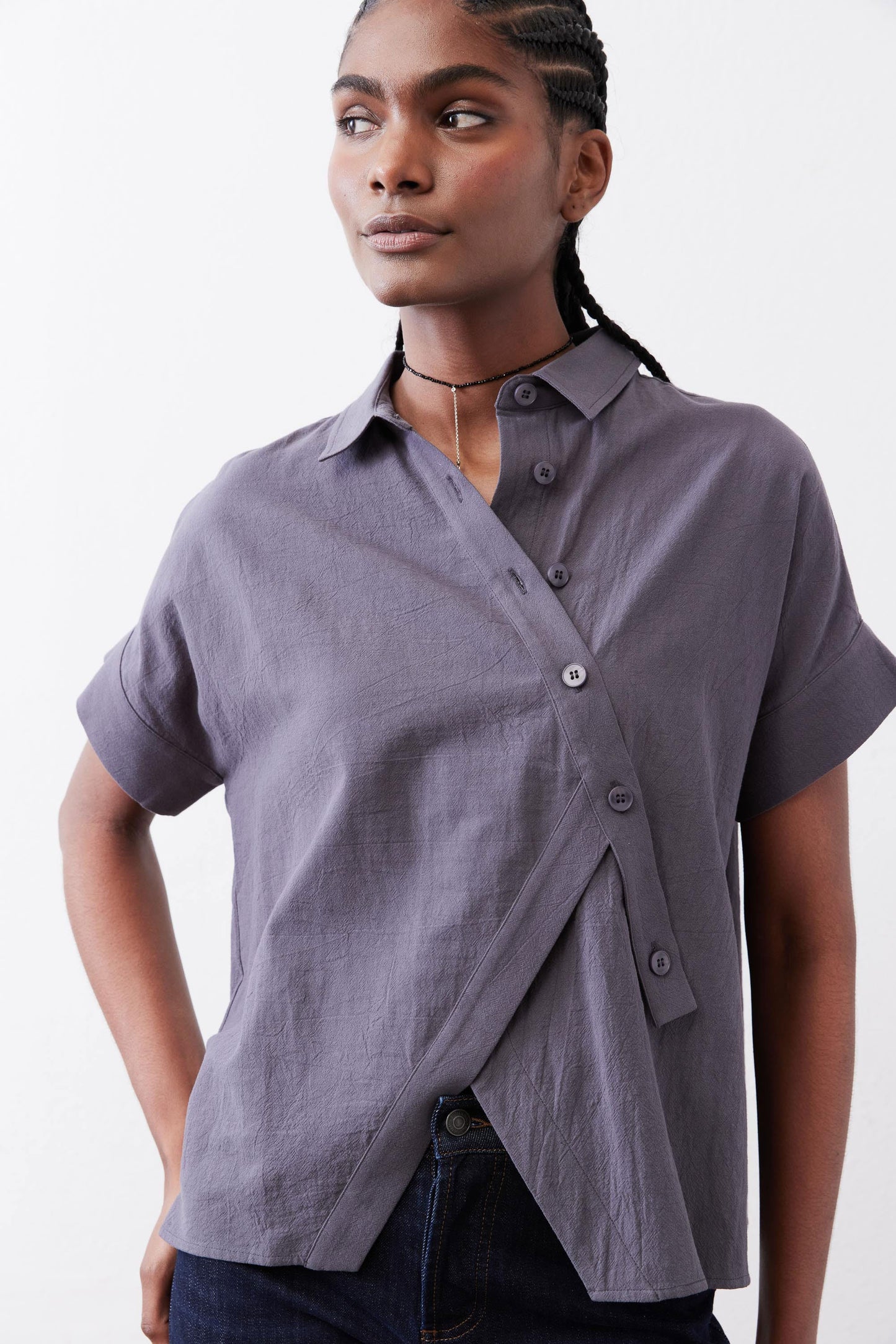 Asymmetric Button Short Sleeve Blouse