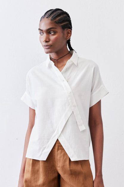 Asymmetric Button Short Sleeve Blouse