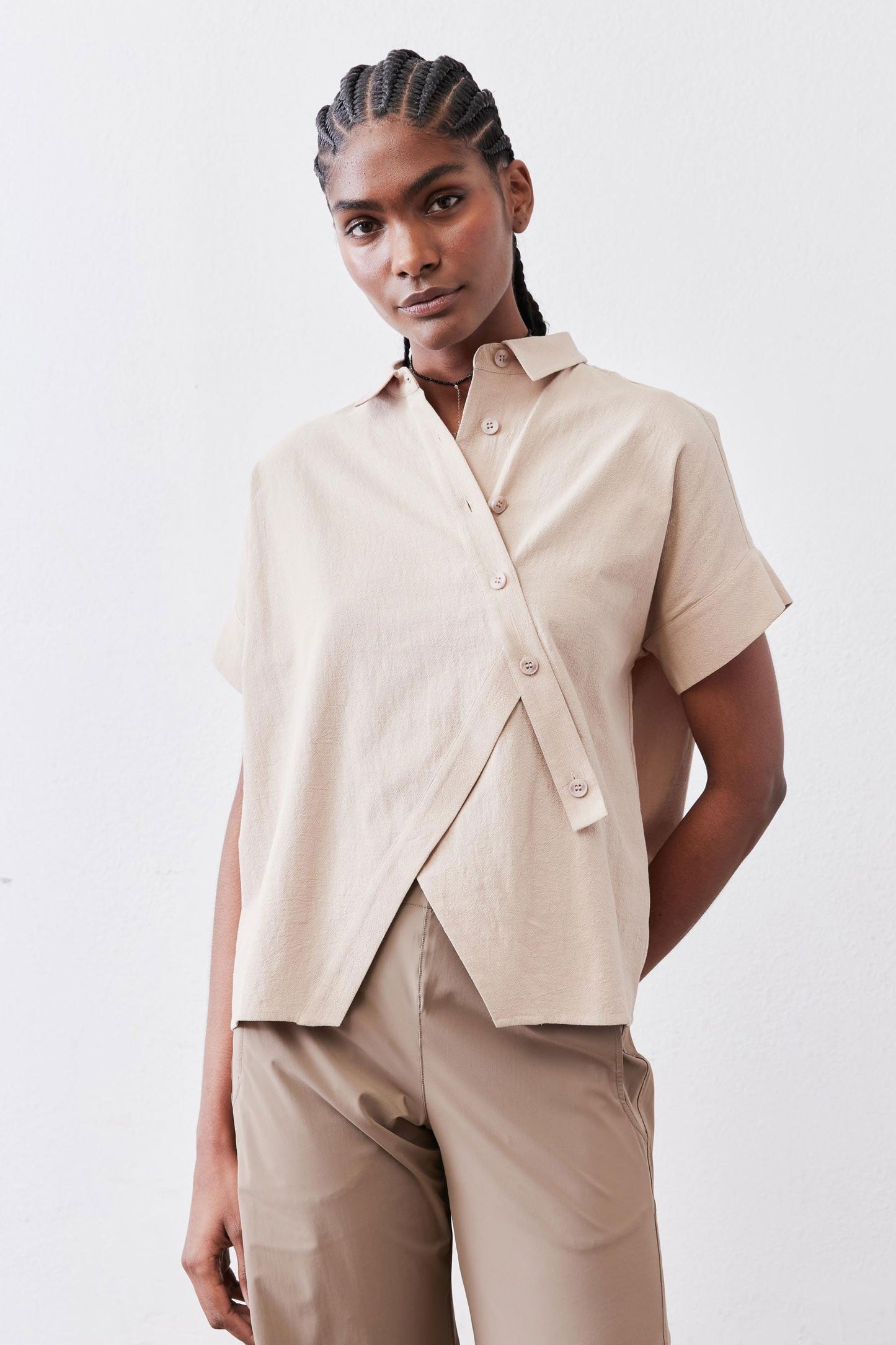 Asymmetric Button Short Sleeve Blouse