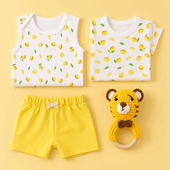 Baby Home Coming Outfit Set | Baby Shower Gift Hamper | Baby Essential Clothes Set | Lemon | Pack of 4