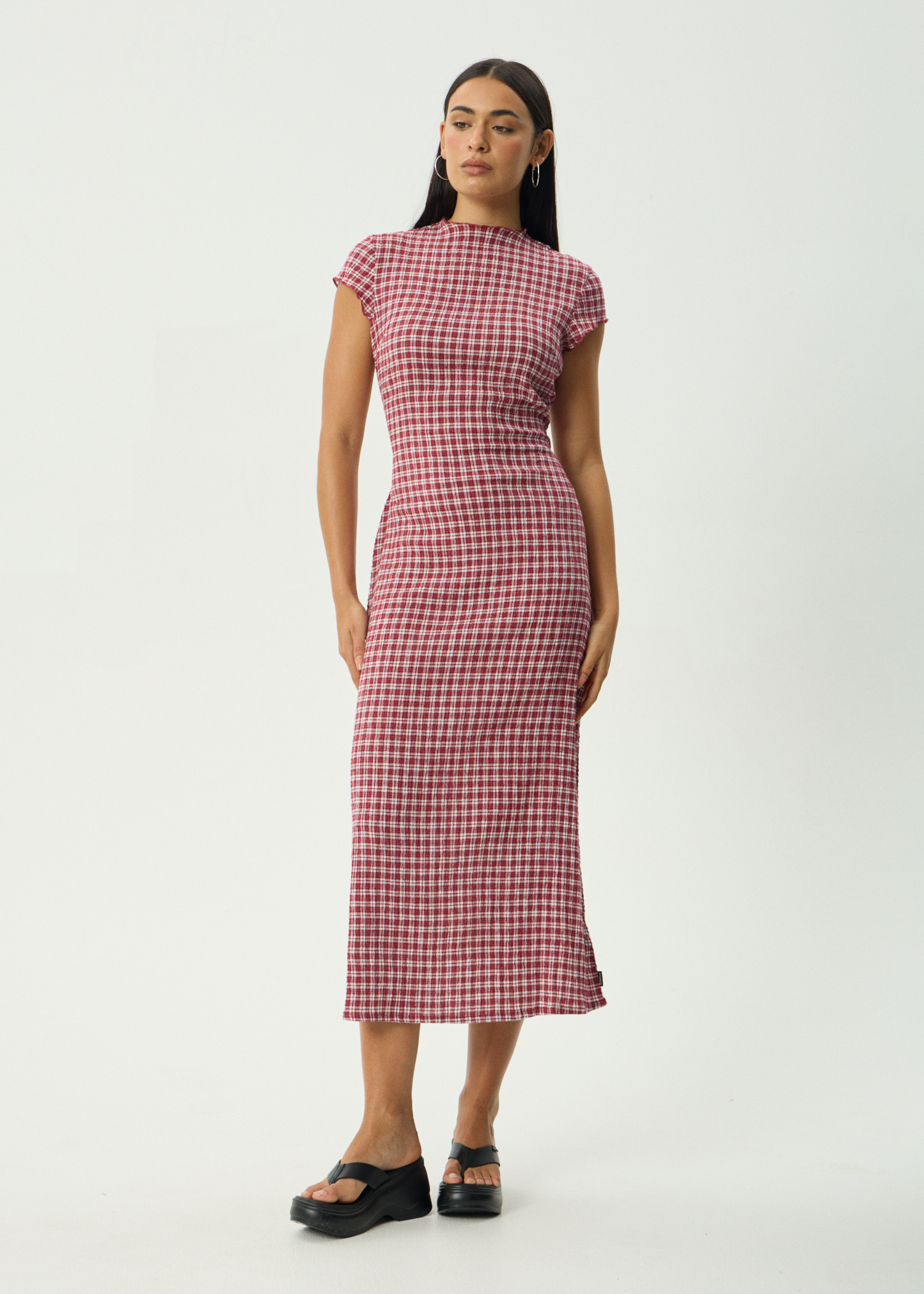 AFENDS Womens Elodie - Seersucker Midi Dress - Base Burgundy Check