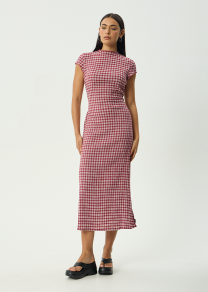 AFENDS Womens Elodie - Seersucker Midi Dress - Base Burgundy Check