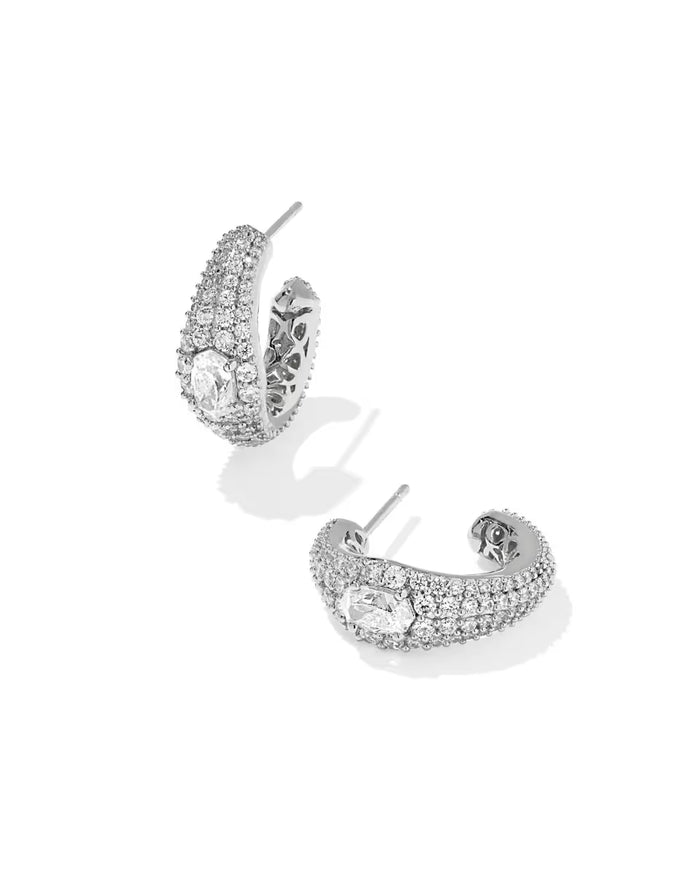 Bella Hoop Earrings Rhodium Silver Metal White CZ