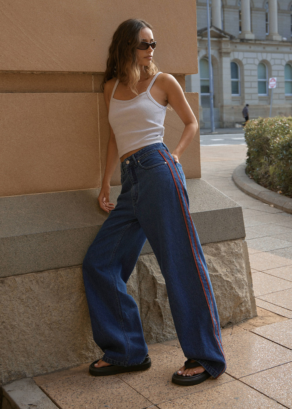 AFENDS Womens Bella Stripe - Denim Wide Leg Jean - Authentic Blue