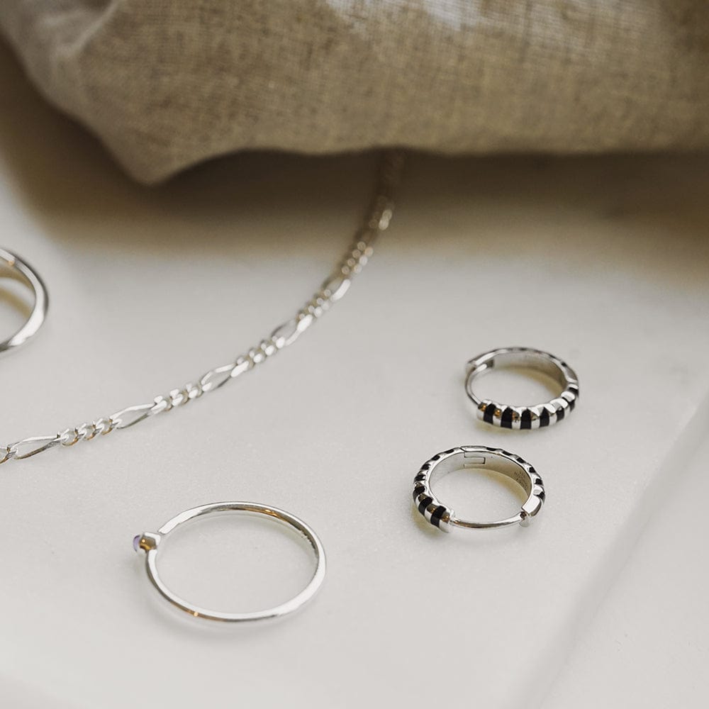 Black Fine Stripe Huggie Hoop Earrings Sterling Silver