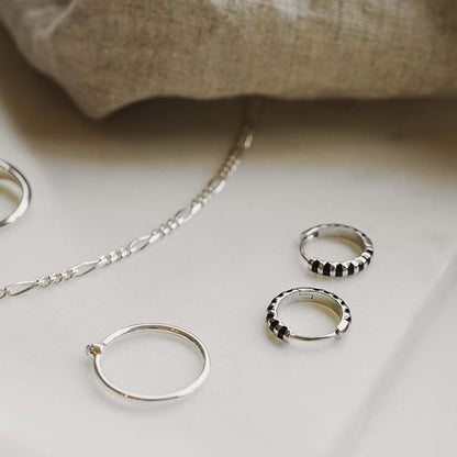 Black Fine Stripe Huggie Hoop Earrings Sterling Silver