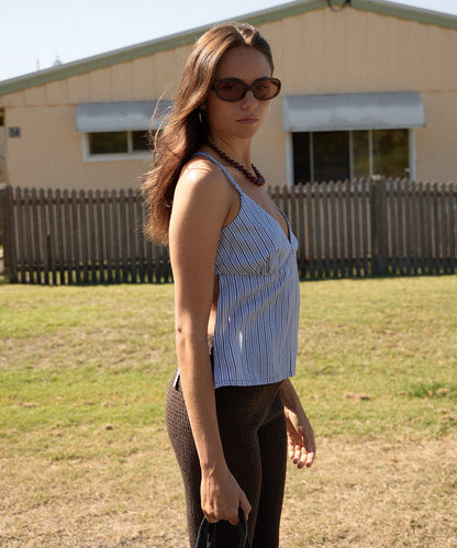 AFENDS Womens Annalise - Tie Top - Coffee / Blue Stripe