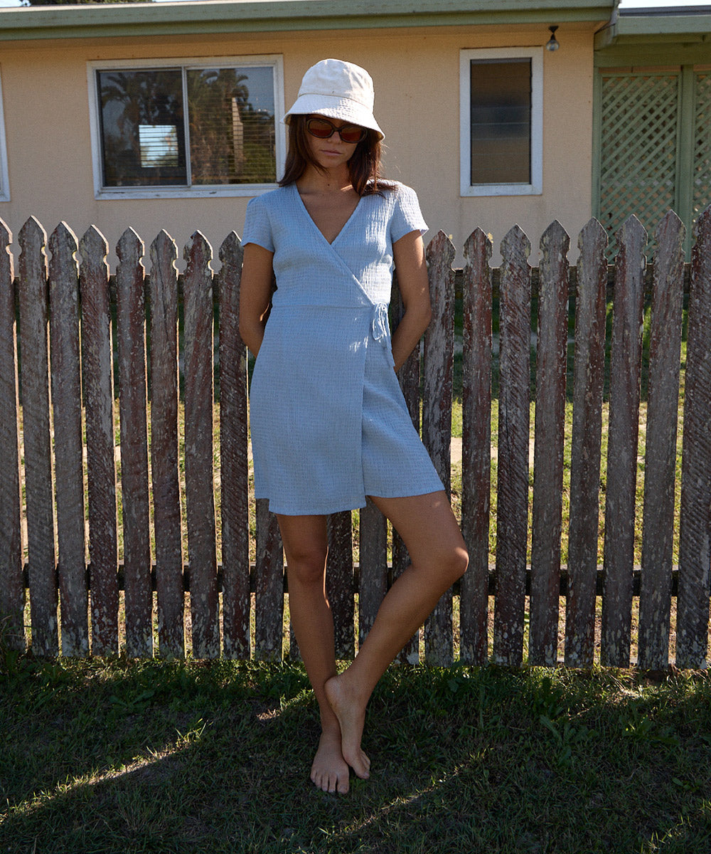 AFENDS Womens Farah - Seersucker Mini Wrap Dress - Blue