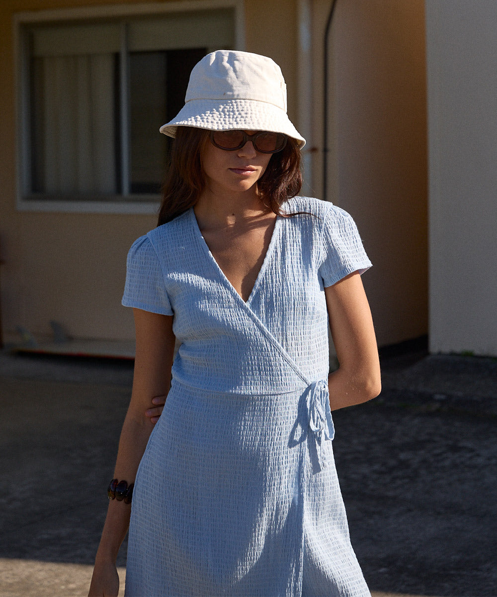 AFENDS Womens Farah - Seersucker Mini Wrap Dress - Blue