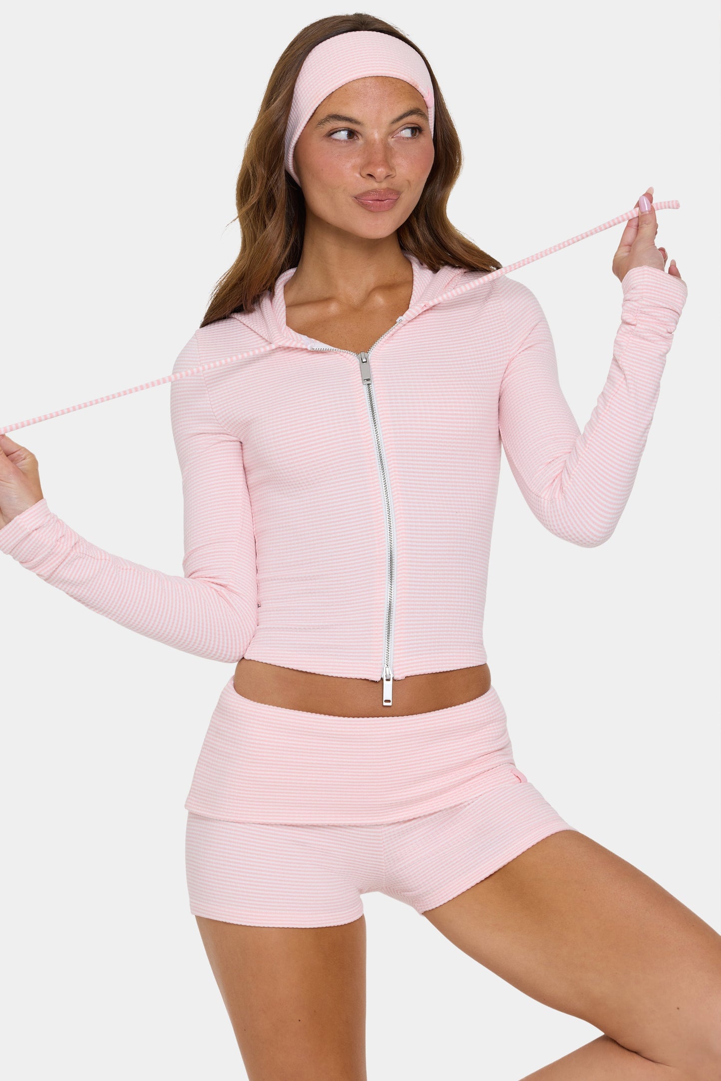 Ribbed Jersey Cropped Hoodie in Peach Stripe
