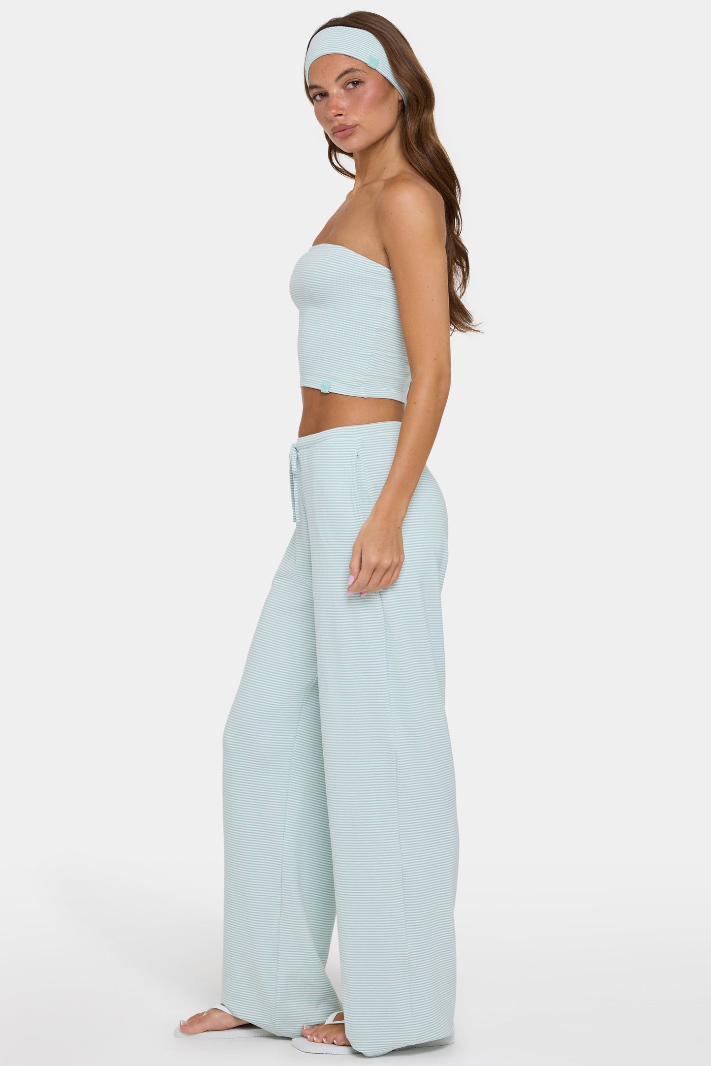 Ribbed Jersey Low-Rise Trousers in Mint Stripe