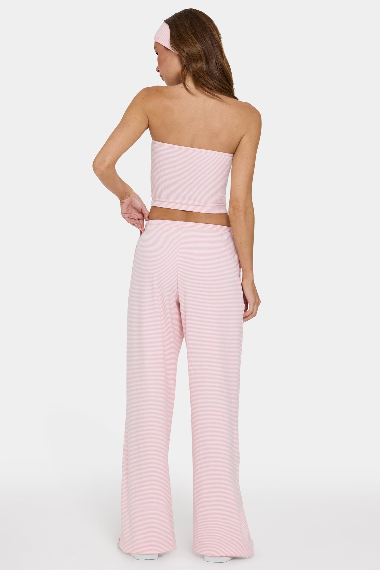 Ribbed Jersey Low-Rise Trousers in Peach Stripe