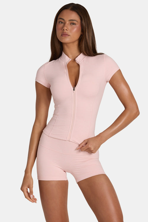 Soft Active Zip-Up Top in Blush Marl