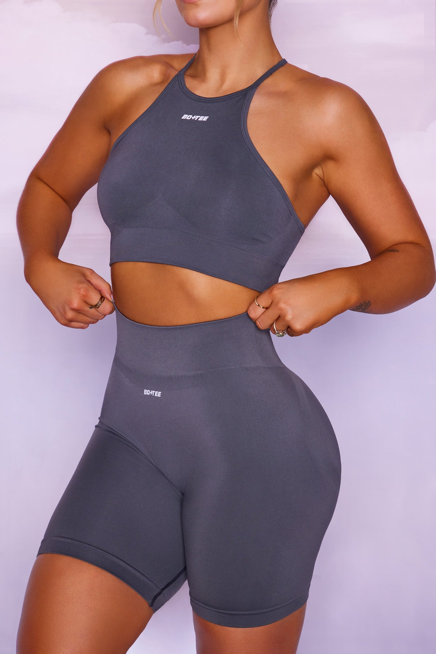 Seamless High Neckline Crop Top in Grey