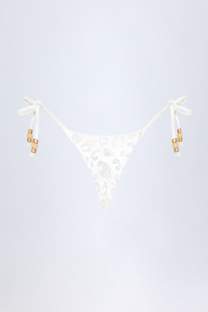 Side-Tie Bead Thong Bikini Bottoms in White Leopard Hotfix