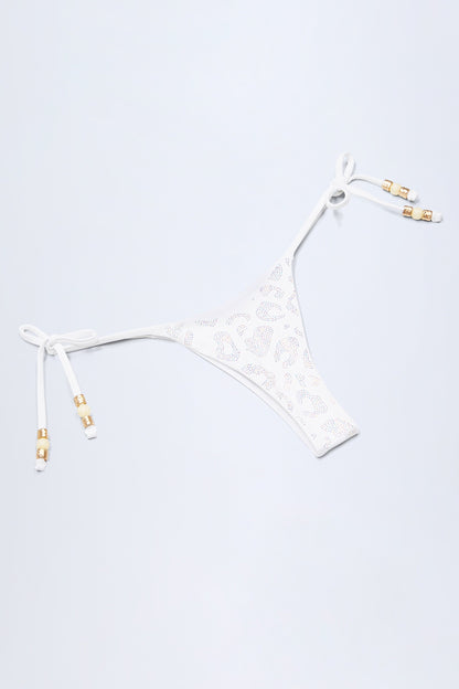 Side-Tie Bead Thong Bikini Bottoms in White Leopard Hotfix