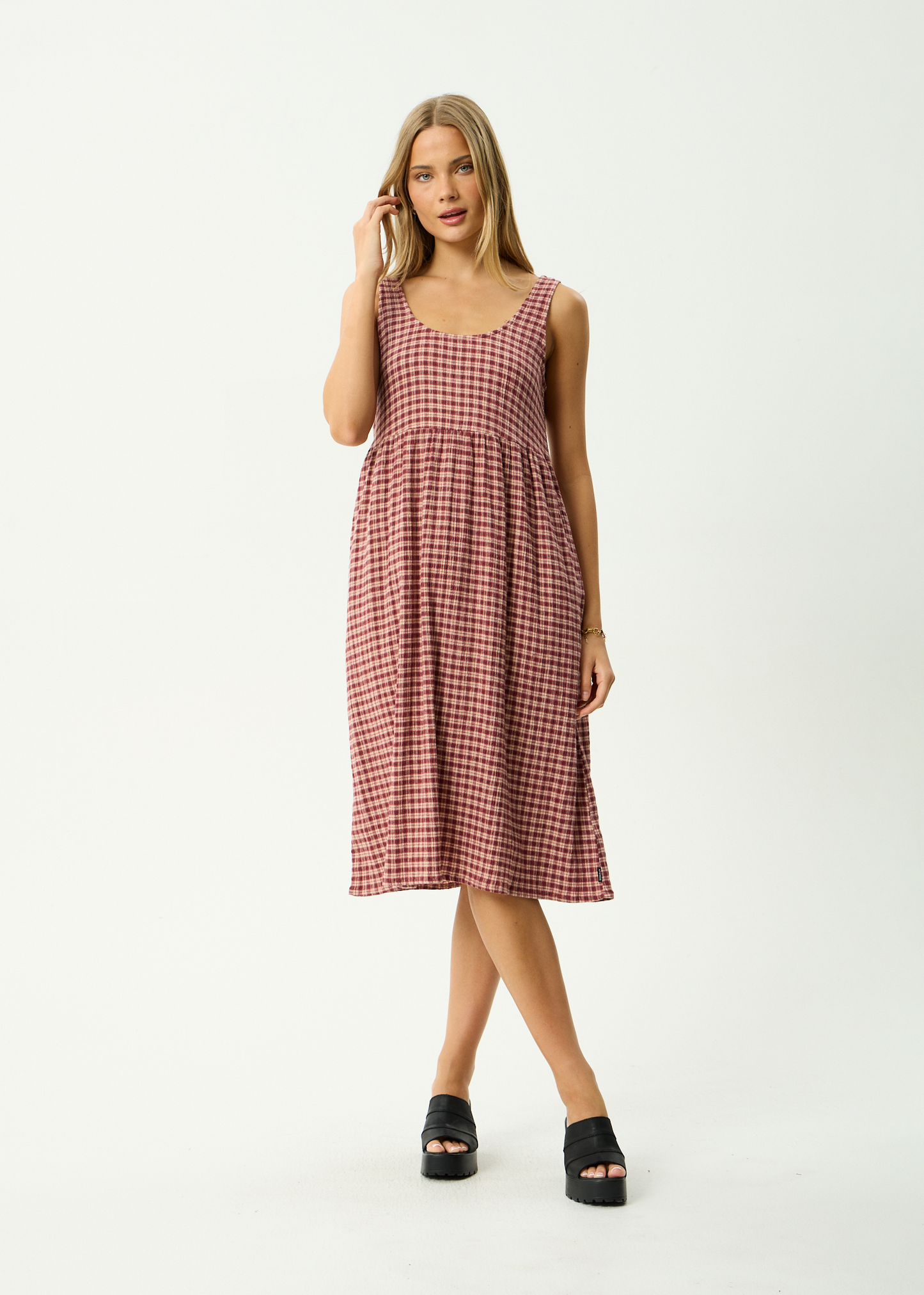AFENDS Womens Capricorn - Seersucker Midi Dress - Burgundy / Beige Check