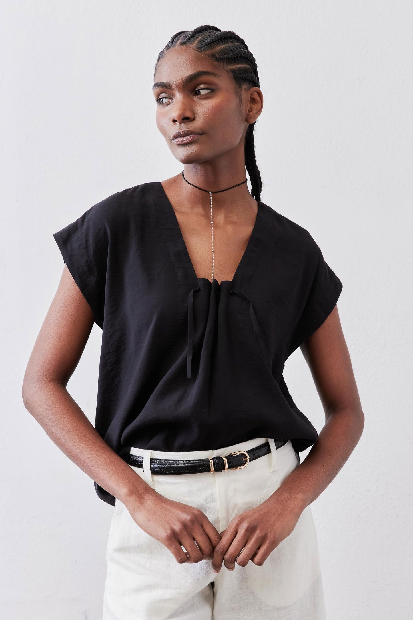 Cinched Neck Light Poplin Top