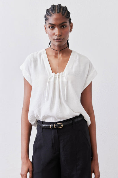 Cinched Neck Light Poplin Top