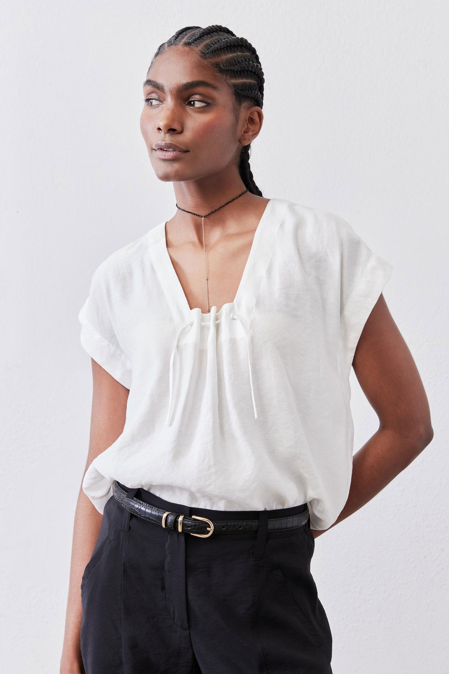 Cinched Neck Light Poplin Top