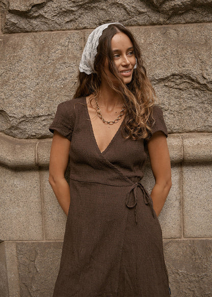 AFENDS Womens Farah - Seersucker Mini Wrap Dress - Coffee