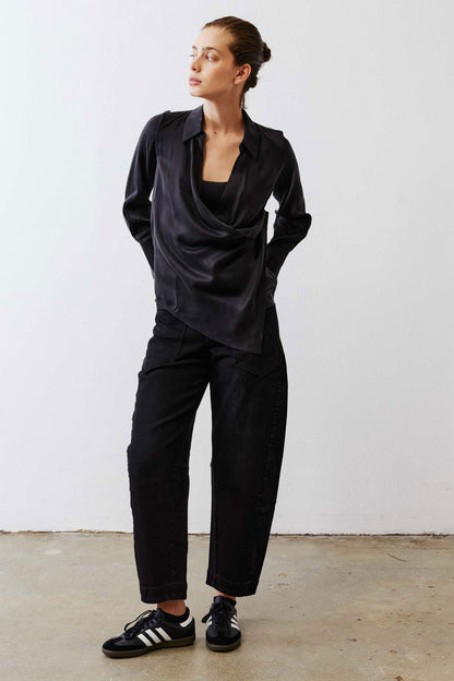 Collared Wrap Washable Silk Blouse